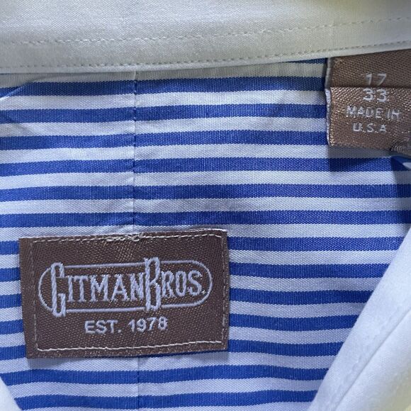 Gitman Bros Contrast Dress Shirt USA Made Striped Blue Size 17/33 Men MINT - Picture 4 of 8